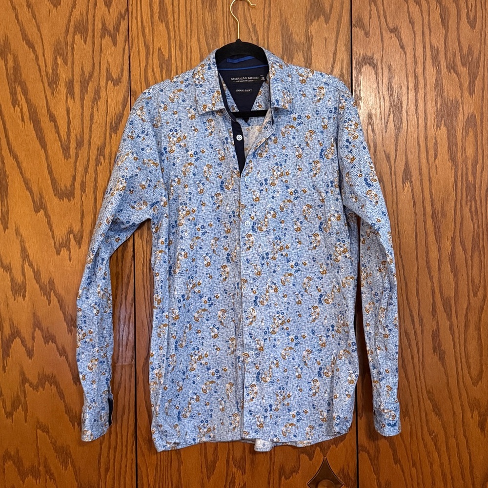 American Breed 2XL Blue Floral Paisley Button Down Shirt Stretch